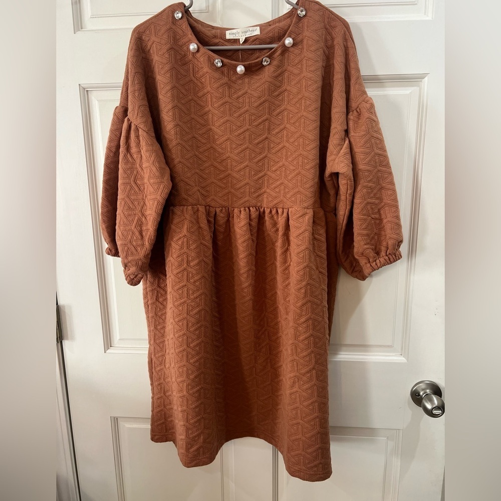 Simply Southern Rust Textured Midi Dress with Pearl Neckline - Picture 2 of 5